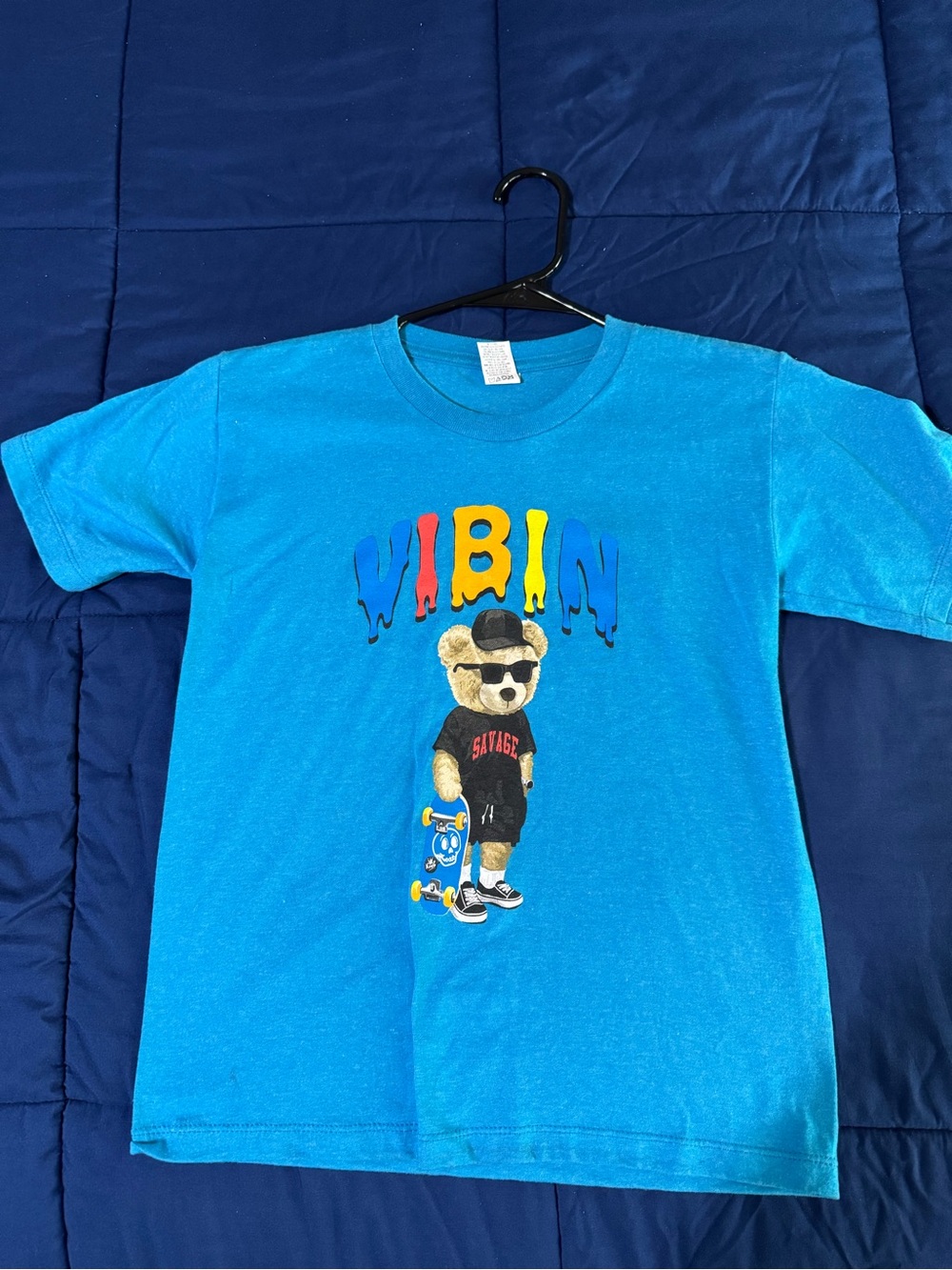 Kids Blue Bear Graphic Tee with Skateboard Design